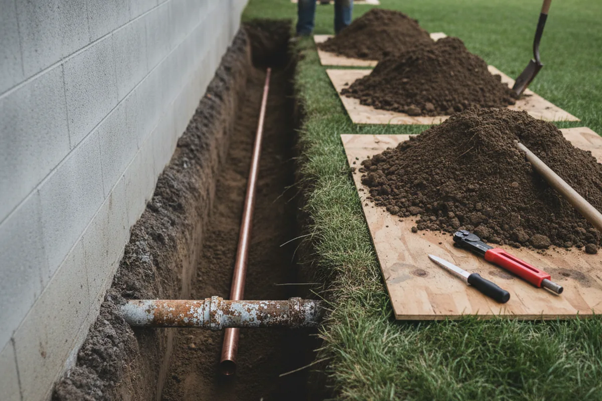 Excavated water line trench during Water Softener Installation in Shokan